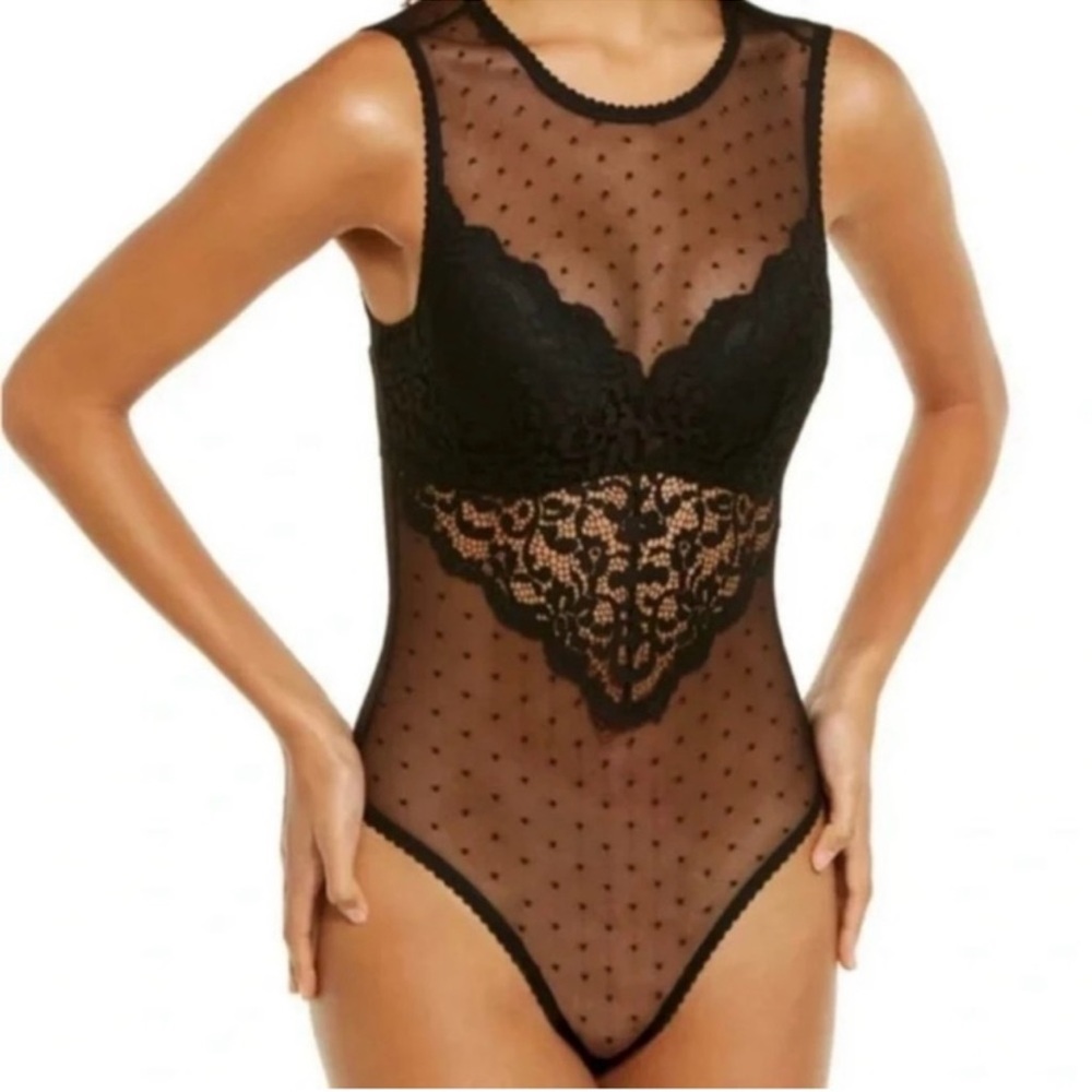NWT INC INTERNATIONAL CONCEPTS Cupped Swiss Dot Sheer Lace Thong Bodysuit Black